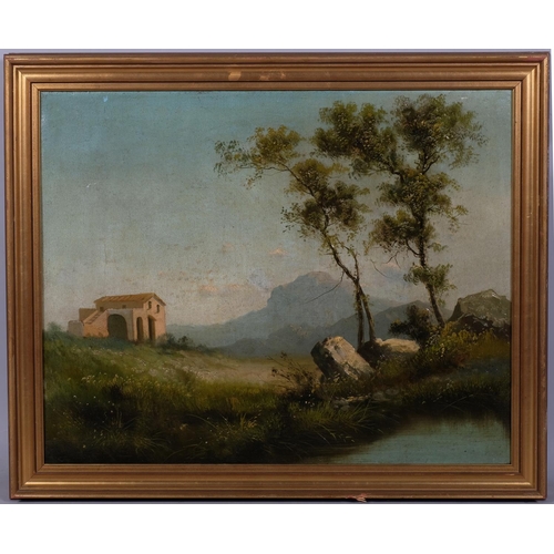 786 - Pair of Italian landscapes, 19th century oils on canvas, indistinctly signed verso, 50cm x 64cm, fra... 