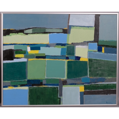 789 - Patrick Beasley, pair of abstract landscapes, acrylics on board, signed with artist's labels verso, ... 