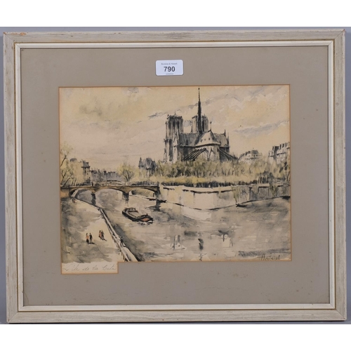 790 - Herbelot, Notre Dame Cathedral, watercolour, signed, 24cm x 32cm, framed