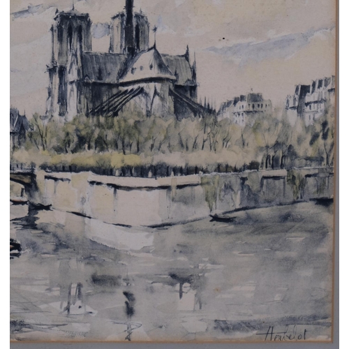 790 - Herbelot, Notre Dame Cathedral, watercolour, signed, 24cm x 32cm, framed