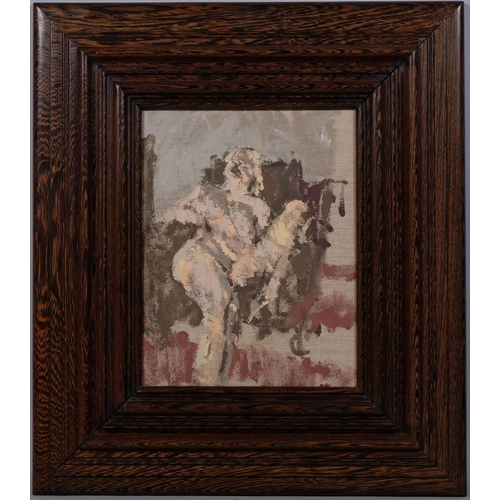 792 - Henry Mee (born 1955), seated female nude, oil on canvas, 36.8cm x 28.6cm, framed with artist's plaq... 