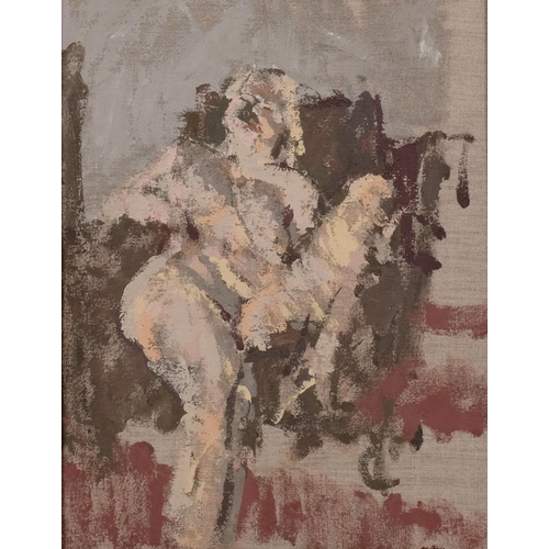 792 - Henry Mee (born 1955), seated female nude, oil on canvas, 36.8cm x 28.6cm, framed with artist's plaq... 