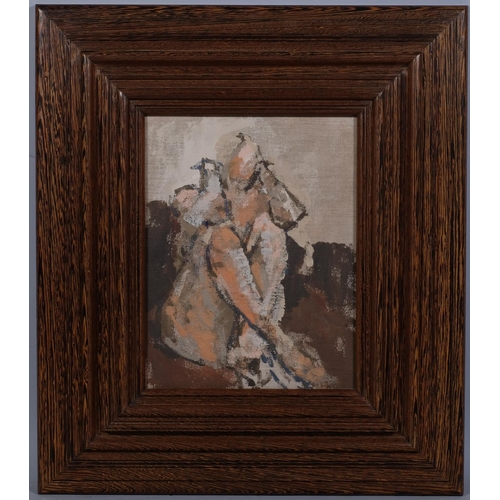 793 - Henry Mee (born 1955), seated female nude, oil on canvas, 36.8cm x 28.6cm, framed with artist's plaq... 