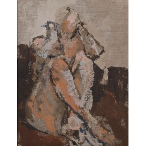 793 - Henry Mee (born 1955), seated female nude, oil on canvas, 36.8cm x 28.6cm, framed with artist's plaq... 