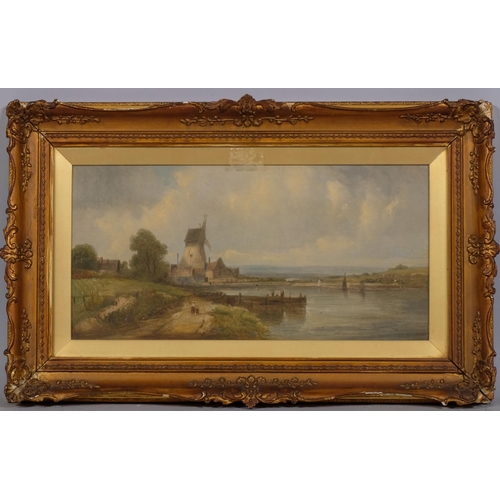 797 - Alfred Vickers, oil on canvas, view towards a windmill, signed, 20cm x 40cm, framed