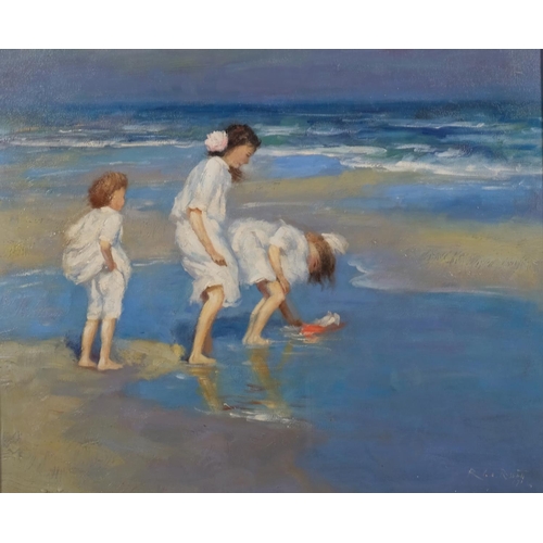 804 - 3 children at the beach, contemporary oil on board, indistinctly signed, 50cm x 60cm, framed and gla... 