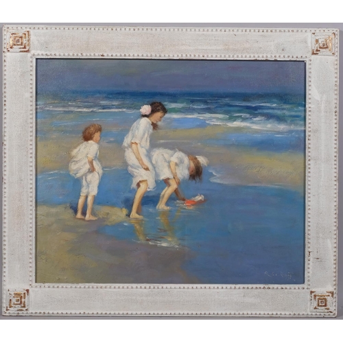 804 - 3 children at the beach, contemporary oil on board, indistinctly signed, 50cm x 60cm, framed and gla... 