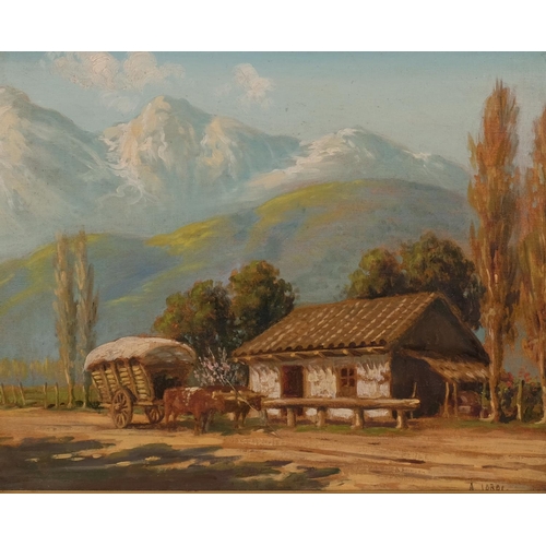 810 - A Lordi, mountain farm building, oil on board, signed, 29cm x 36cm, framed