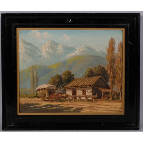 810 - A Lordi, mountain farm building, oil on board, signed, 29cm x 36cm, framed