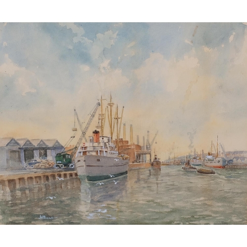 811 - Shoreham Harbour, mid-20th century watercolour, indistinctly signed, 36cm x 43cm, framed