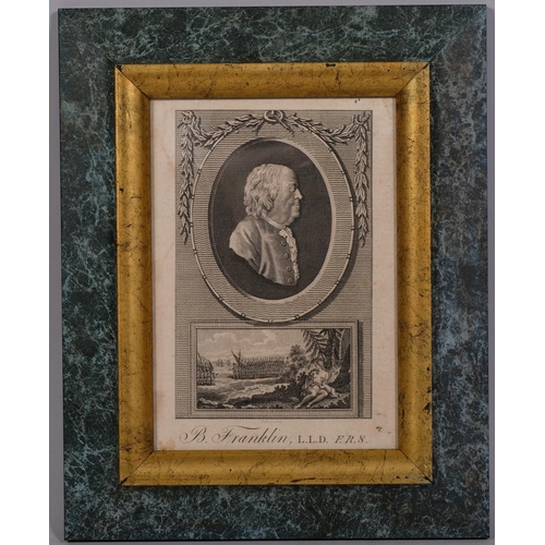 814 - Portrait of Benjamin Franklin, by Pollard, published 1780, image 15cm x 9.5cm, framed