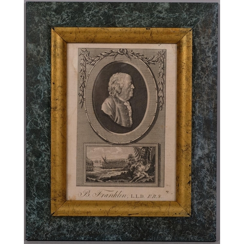 814 - Portrait of Benjamin Franklin, by Pollard, published 1780, image 15cm x 9.5cm, framed