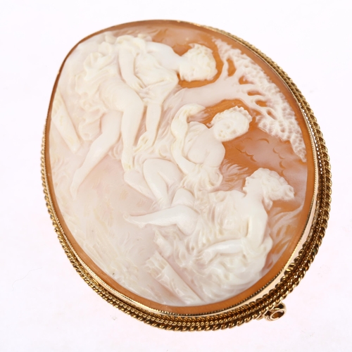 1378 - A late 20th century 9ct gold 'Bathing Ladies' shell cameo brooch, maker RBS, Birmingham 1975, 52.8mm... 