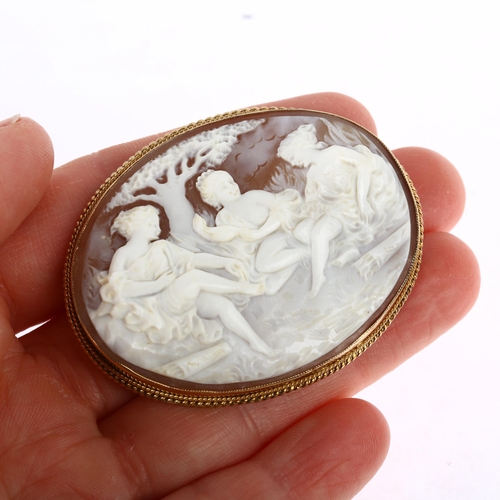 1378 - A late 20th century 9ct gold 'Bathing Ladies' shell cameo brooch, maker RBS, Birmingham 1975, 52.8mm... 