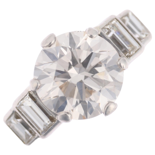 An Art Deco 2.5ct solitaire diamond ring, centrally claw set with 2.5ct round brilliant-cut diamond, colour approx H/I, clarity approx SI1/SI2, flanked by baguette-cut diamonds, remaining diamond content approx 0.5ct, total diamond content approx 3ct, principal diamond weight calculated from dimensions: 8.86 x 5.41mm, apparently unmarked, size L, 4.3g