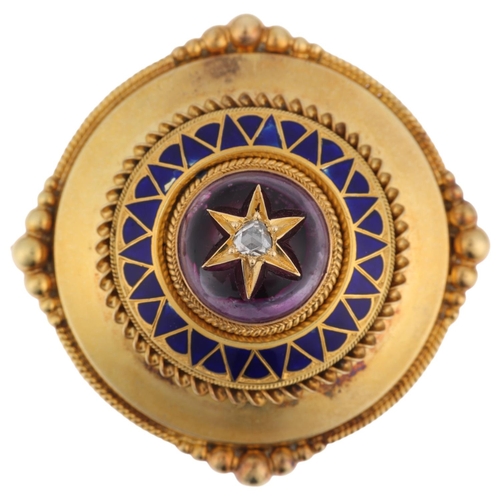 1154 - A Victorian Etruscan Revival diamond amethyst and blue enamel bombe memorial brooch, circa 1880, cir... 