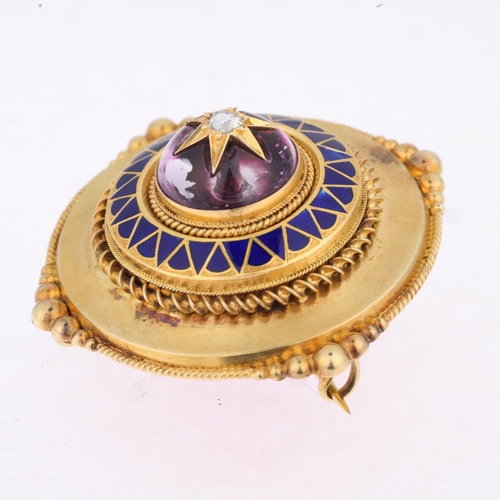 1154 - A Victorian Etruscan Revival diamond amethyst and blue enamel bombe memorial brooch, circa 1880, cir... 