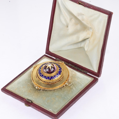 1154 - A Victorian Etruscan Revival diamond amethyst and blue enamel bombe memorial brooch, circa 1880, cir... 