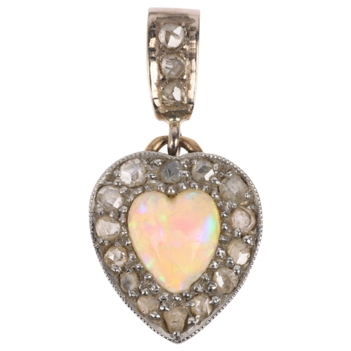 1156 - An early 20th century opal and diamond heart cluster drop pendant, circa 1910, centrally set with he... 