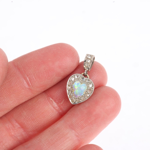 1156 - An early 20th century opal and diamond heart cluster drop pendant, circa 1910, centrally set with he... 