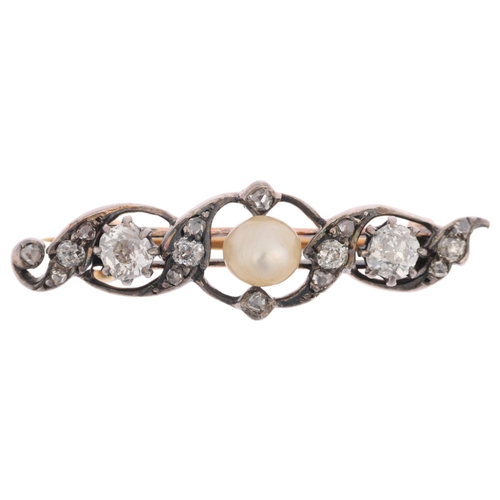 1158 - An Art Nouveau pearl and diamond openwork bar brooch, circa 1900, centrally set with 6mm pearl surro... 