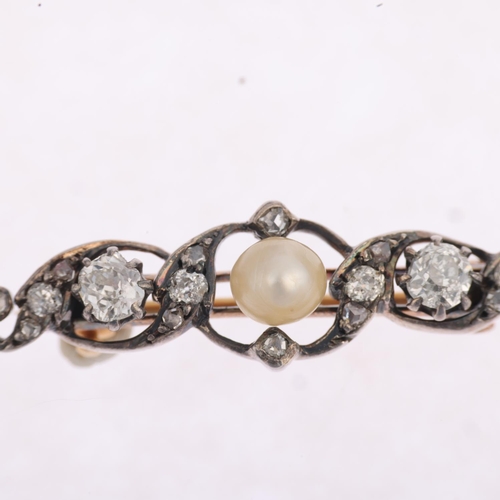 1158 - An Art Nouveau pearl and diamond openwork bar brooch, circa 1900, centrally set with 6mm pearl surro... 