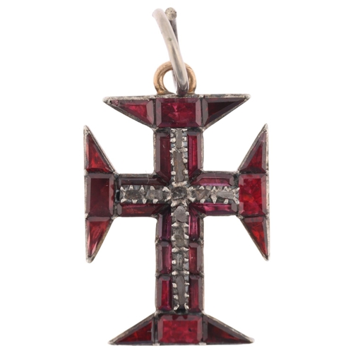 1160 - A Portuguese almandine garnet and diamond 'Order Of Christ' cross pendant, 19th century, the baguett... 