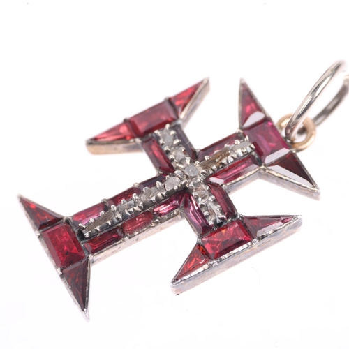 1160 - A Portuguese almandine garnet and diamond 'Order Of Christ' cross pendant, 19th century, the baguett... 