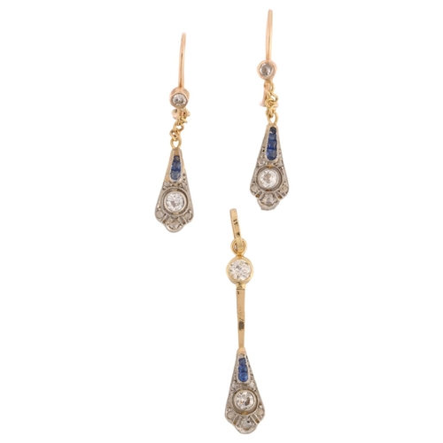 1163 - An Art Deco sapphire and diamond matching pendant and earring set, the matching lobed drops set with... 