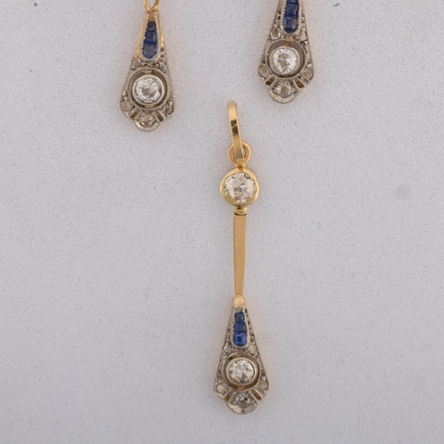 1163 - An Art Deco sapphire and diamond matching pendant and earring set, the matching lobed drops set with... 