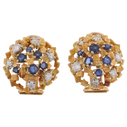 1170 - JOHN DONALD - a pair of 1970s 18ct gold sapphire and diamond abstract clip-on earrings, maker JAD, L... 