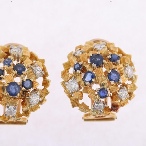 1170 - JOHN DONALD - a pair of 1970s 18ct gold sapphire and diamond abstract clip-on earrings, maker JAD, L... 