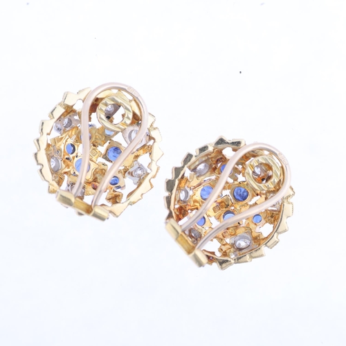 1170 - JOHN DONALD - a pair of 1970s 18ct gold sapphire and diamond abstract clip-on earrings, maker JAD, L... 