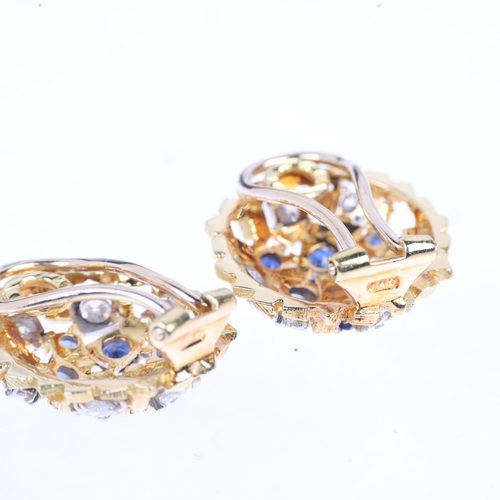 1170 - JOHN DONALD - a pair of 1970s 18ct gold sapphire and diamond abstract clip-on earrings, maker JAD, L... 