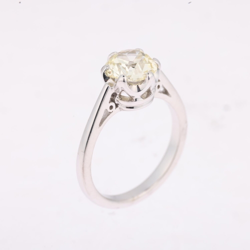 1172 - An 18ct white gold 1.9ct solitaire diamond ring, claw set with 1.9ct light yellow old-cut diamond, c... 