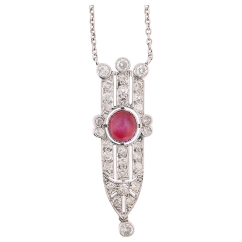 1174 - An Art Deco star ruby and diamond openwork geometric pendant necklace, circa 1925, centrally set wit... 