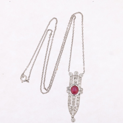 1174 - An Art Deco star ruby and diamond openwork geometric pendant necklace, circa 1925, centrally set wit... 