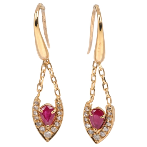 1175 - A pair of Italian 18ct gold ruby and diamond marquise drop earrings, set with pear-cut rubies, singl... 