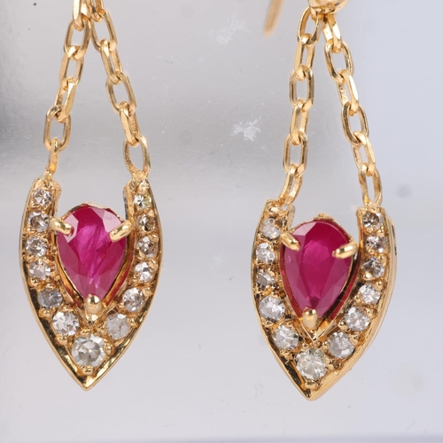 1175 - A pair of Italian 18ct gold ruby and diamond marquise drop earrings, set with pear-cut rubies, singl... 