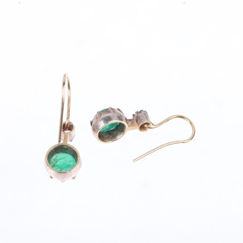 1181 - A pair of emerald and diamond drop earrings, in the Georgian style, cut-down collet set with round-c... 