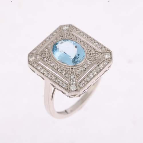 1184 - A platinum aquamarine and diamond panel ring, in the Art Deco style, rub-over set with 1.25ct oval m... 