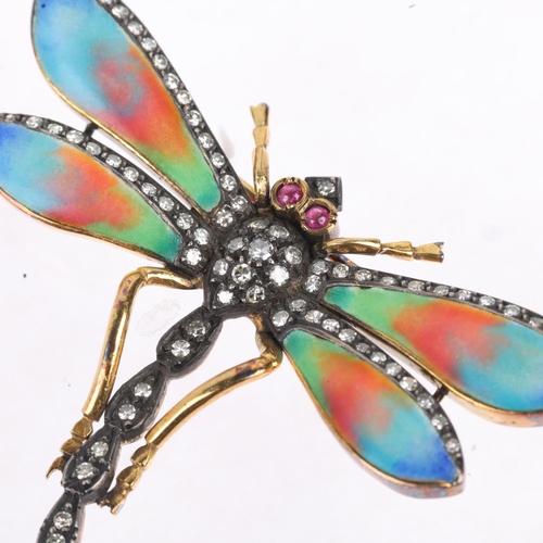 1187 - An 18ct gold ruby diamond and enamel figural dragonfly brooch, in the Victorian style, set with roun... 