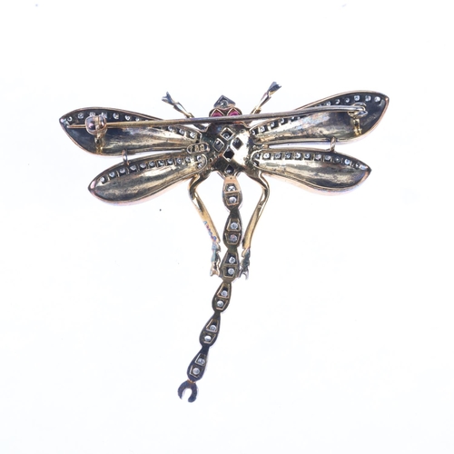 1187 - An 18ct gold ruby diamond and enamel figural dragonfly brooch, in the Victorian style, set with roun... 