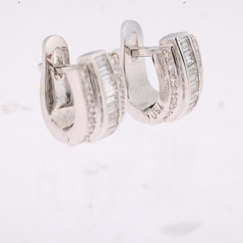 1189 - A pair of 18ct white gold diamond hoop earrings, set with baguette and modern round brilliant-cut di... 