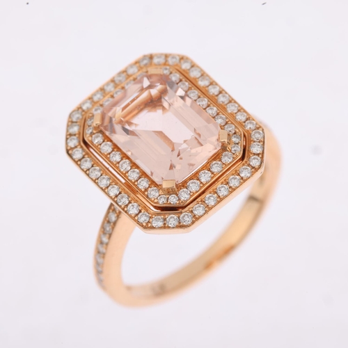 1198 - An 18ct gold morganite and diamond rectangular cluster panel ring, maker TP, London 2014, claw set w... 