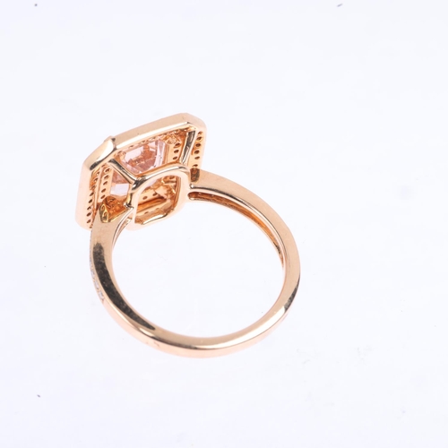 1198 - An 18ct gold morganite and diamond rectangular cluster panel ring, maker TP, London 2014, claw set w... 