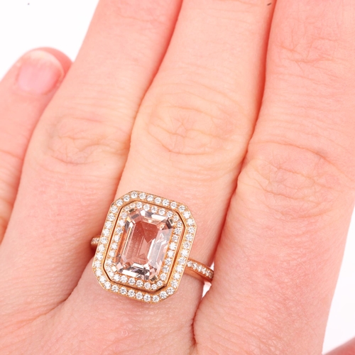 1198 - An 18ct gold morganite and diamond rectangular cluster panel ring, maker TP, London 2014, claw set w... 