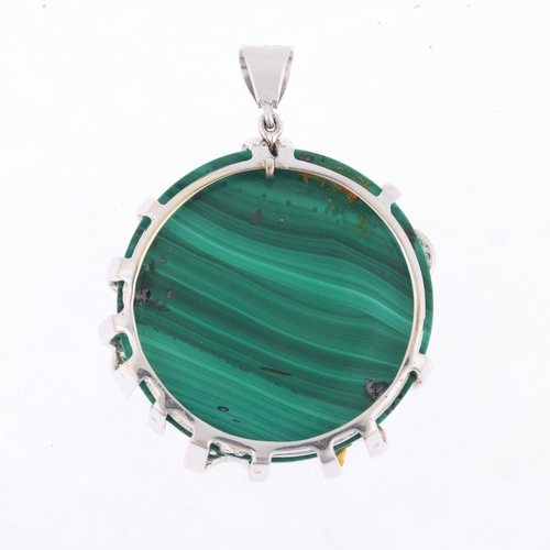 1202 - A modern malachite and diamond disc drop pendant, set with modern round brilliant-cut diamonds, appa... 