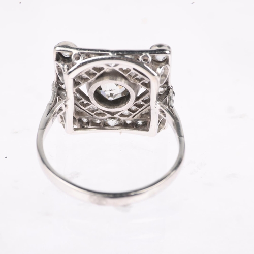 1205 - An Art Deco platinum diamond geometric panel ring, centrally set with 1.15ct old European-cut diamon... 