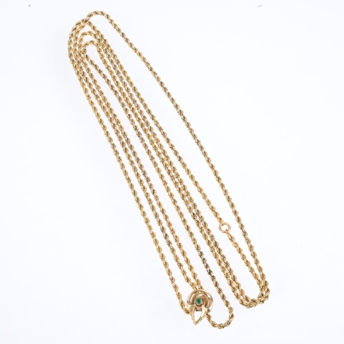 1208 - An Antique 15ct gold rope twist long guard chain necklace, with gilt-metal slider fob, 140cm, 21.6g ... 